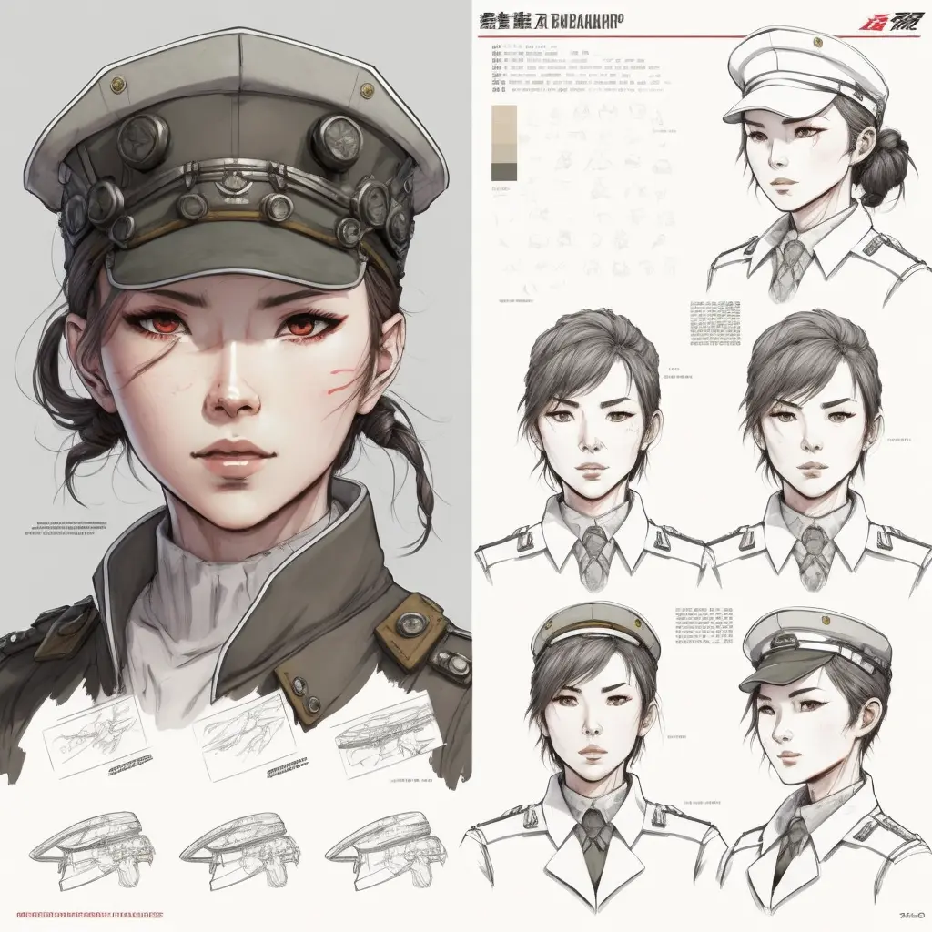 female military officer, close up character design, multiple concept designs, concept design sheet, white background, style of Hideo Kojima